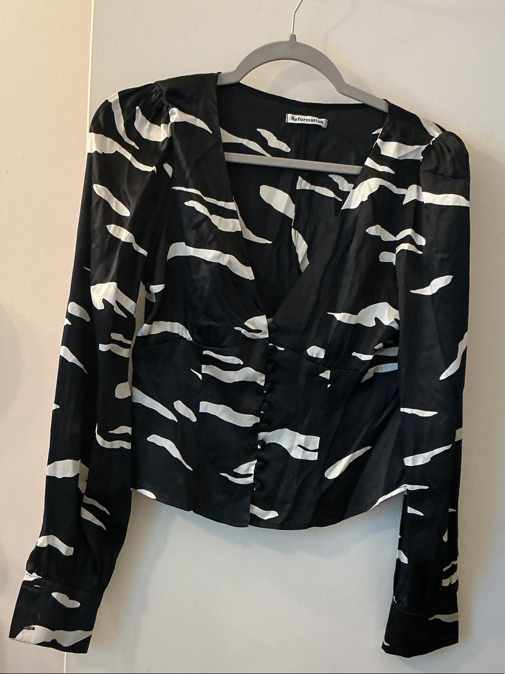 Reformation Black & White Abstract V-Neck Button Front Blouse